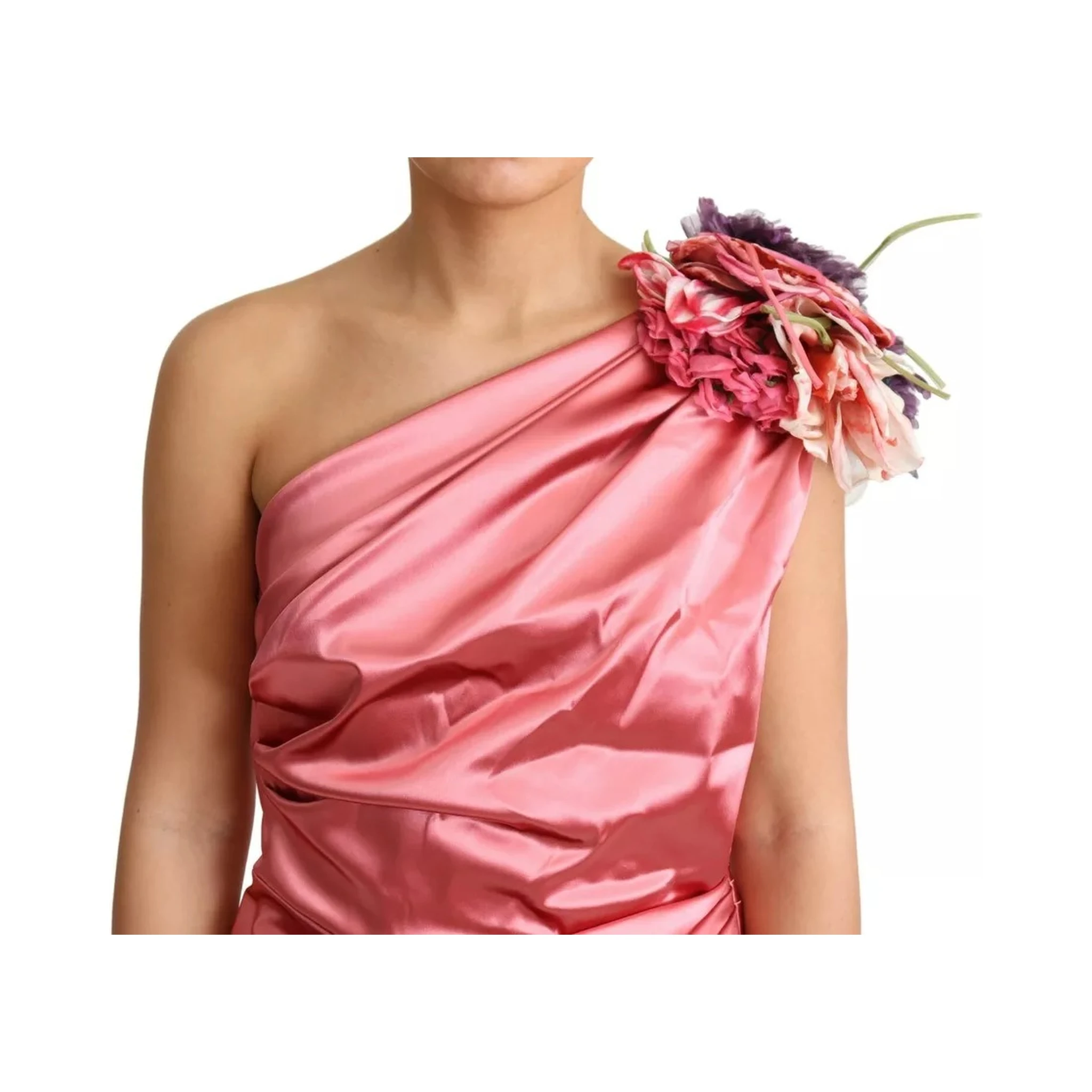 Pink Draped Midi Flower Applique Dress
