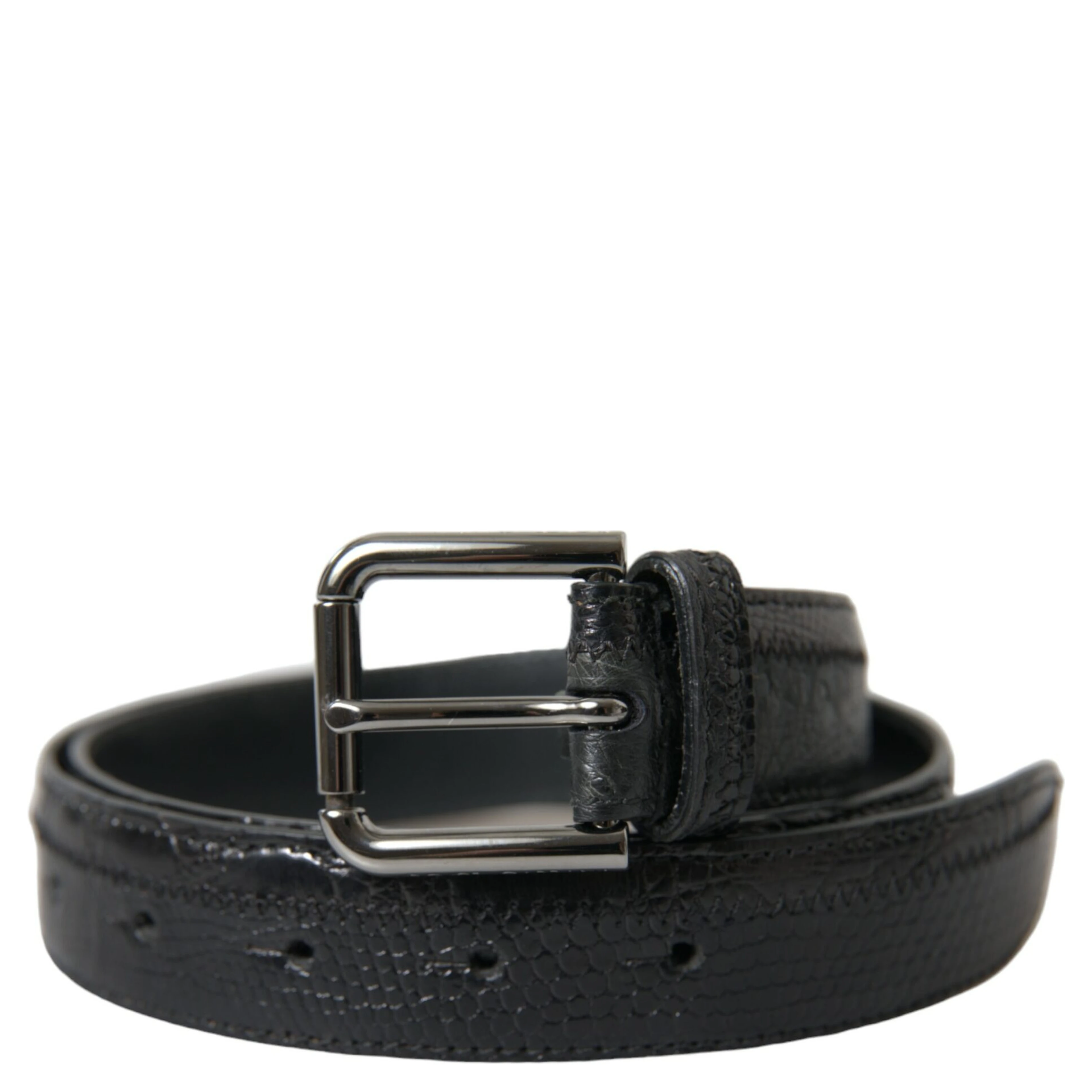 Black Exotic Leather Silver Metal Buckle Belt
