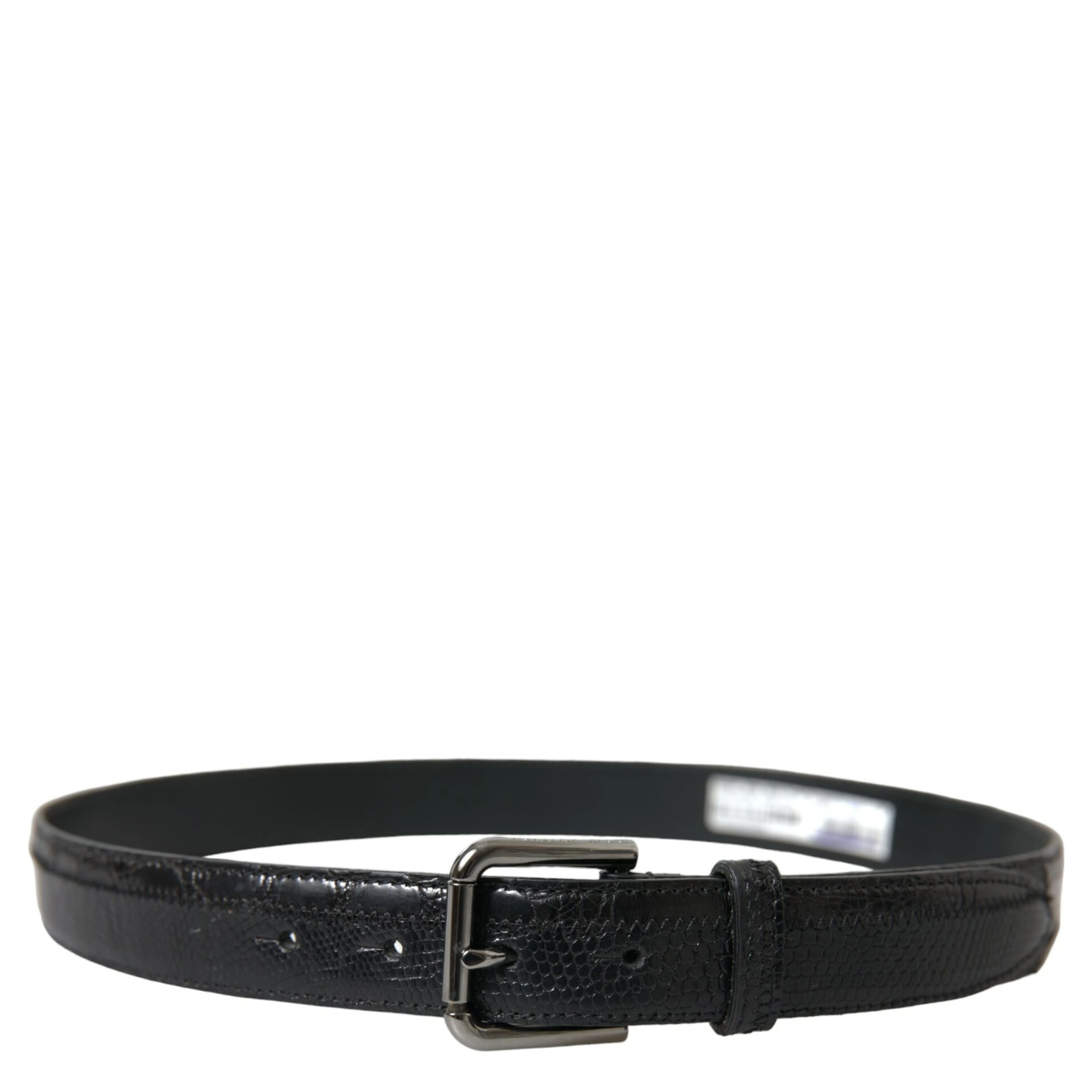 Black Exotic Leather Silver Metal Buckle Belt