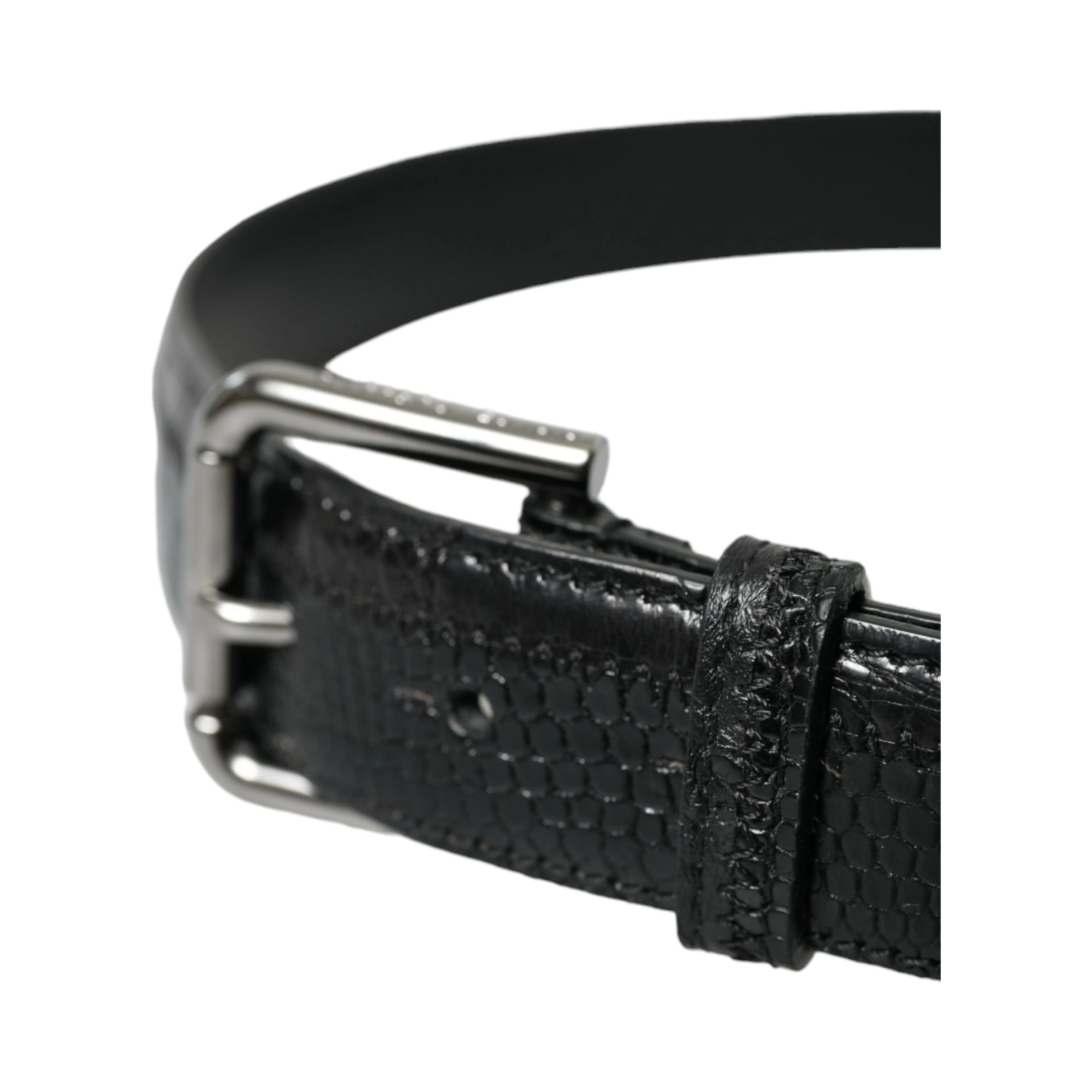 Black Exotic Leather Silver Metal Buckle Belt