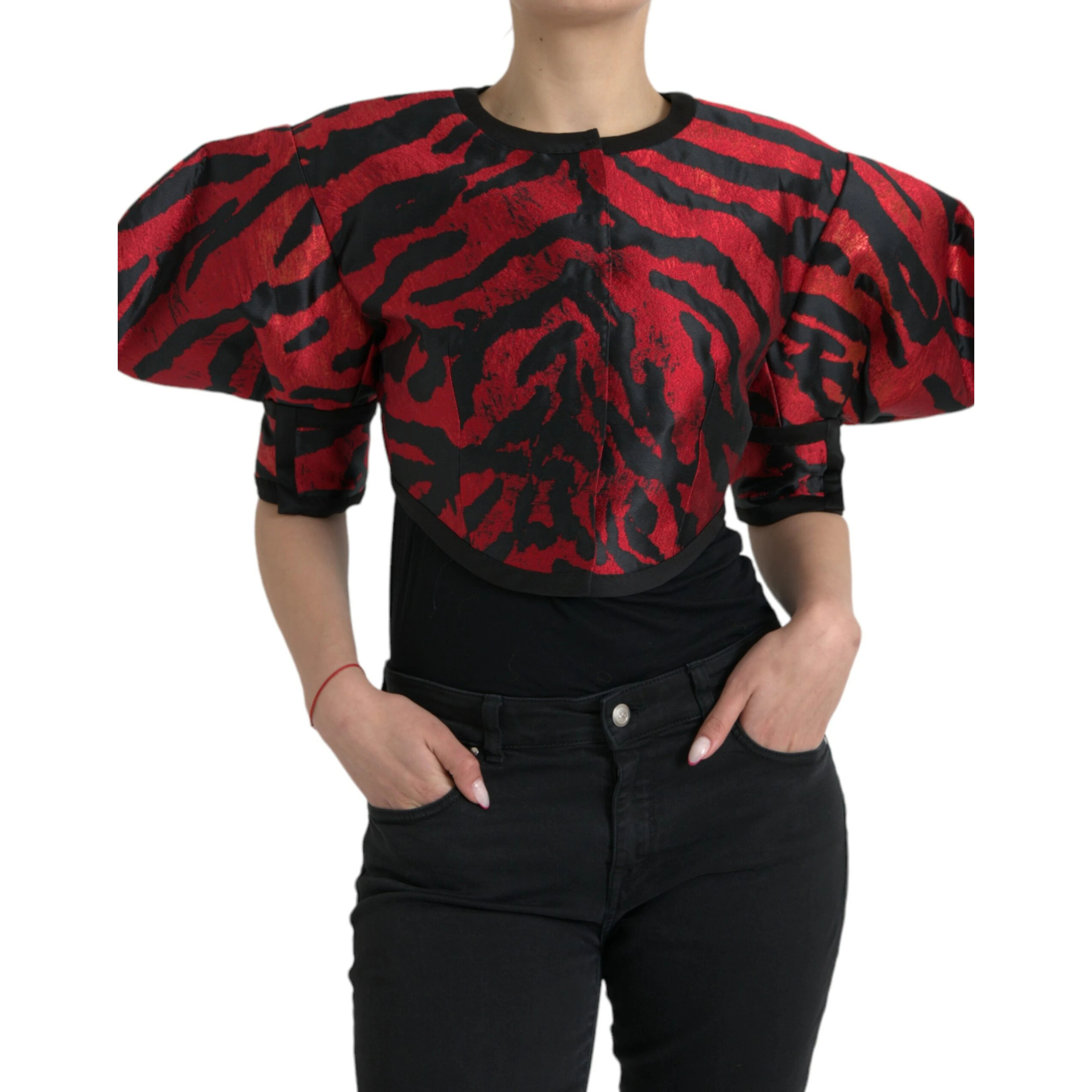Black Red Patterned Cropped Coat Jacket