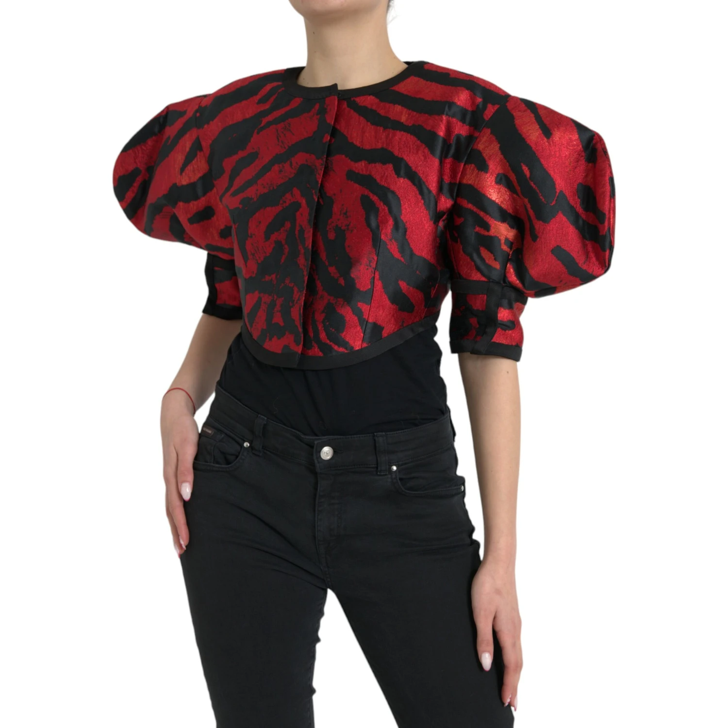 Black Red Patterned Cropped Coat Jacket