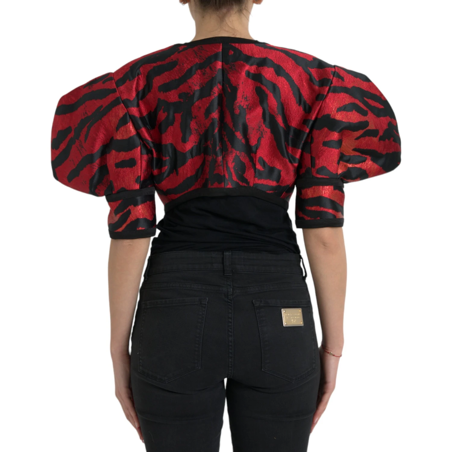 Black Red Patterned Cropped Coat Jacket