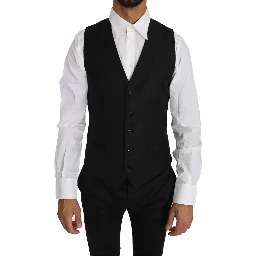 Black Solid Wool Silk Waistcoat Vest