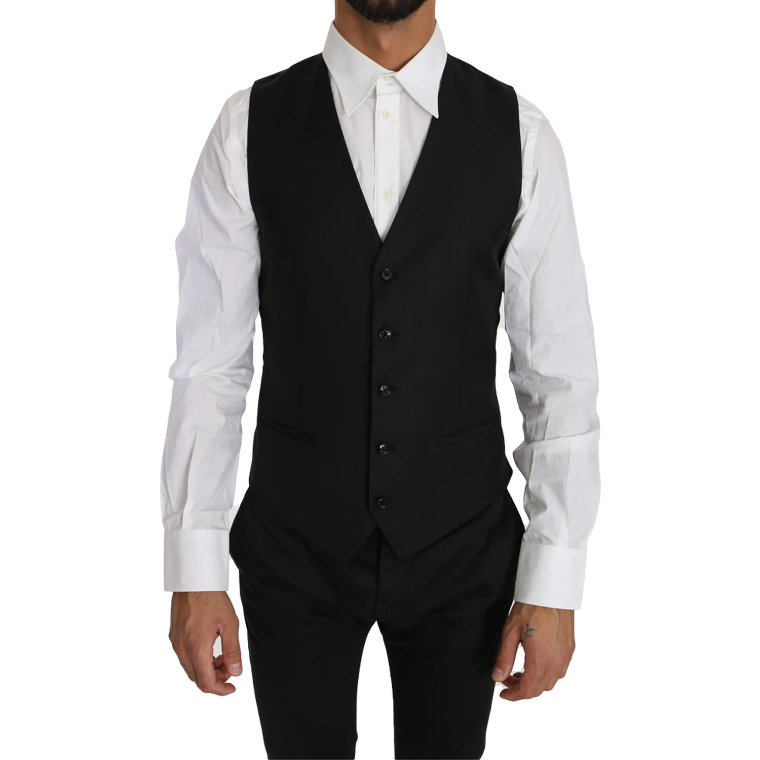 Black Solid Wool Silk Waistcoat Vest