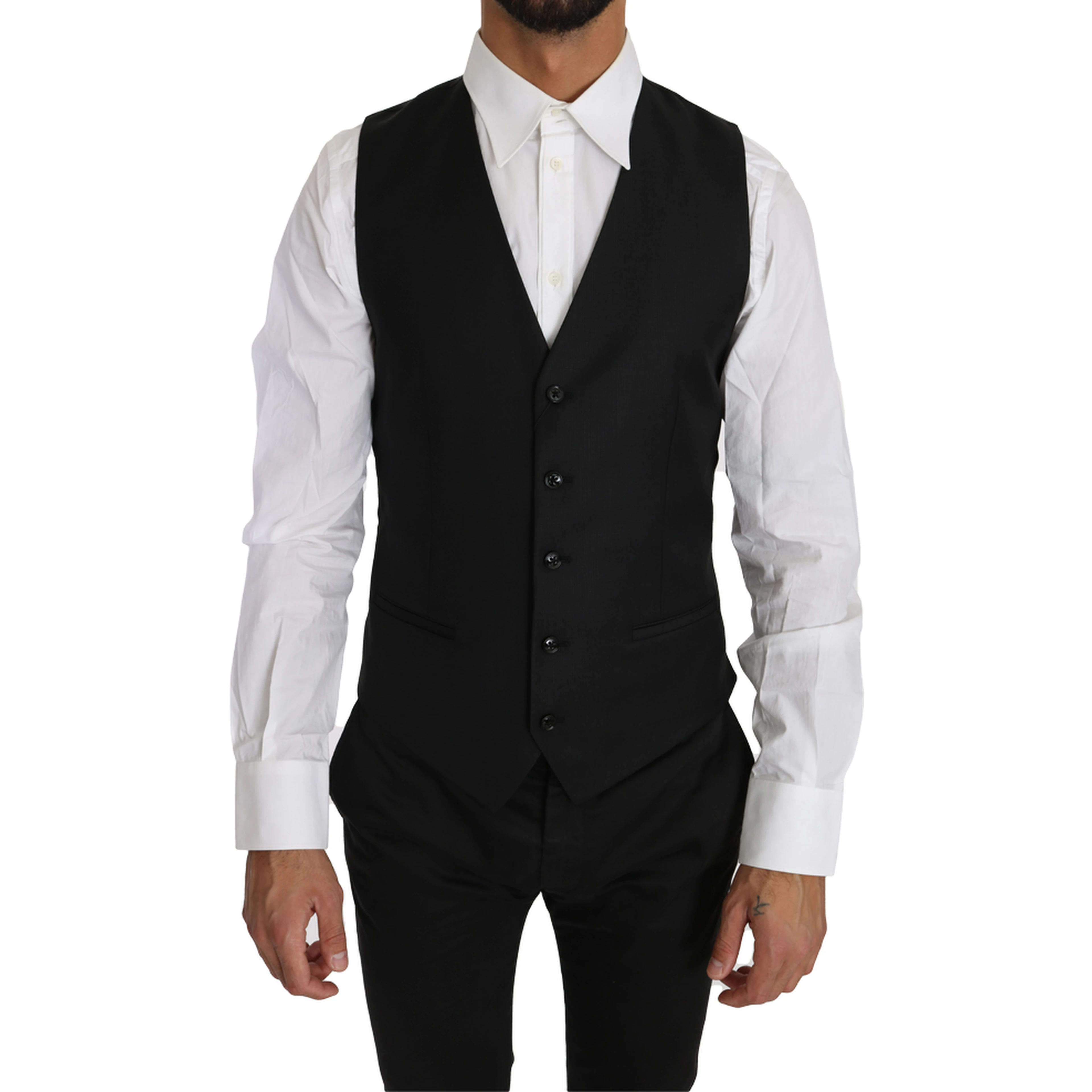 Black Solid Wool Silk Waistcoat Vest