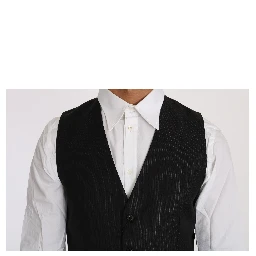 Black Solid Wool Silk Waistcoat Vest