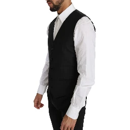 Black Solid Wool Silk Waistcoat Vest