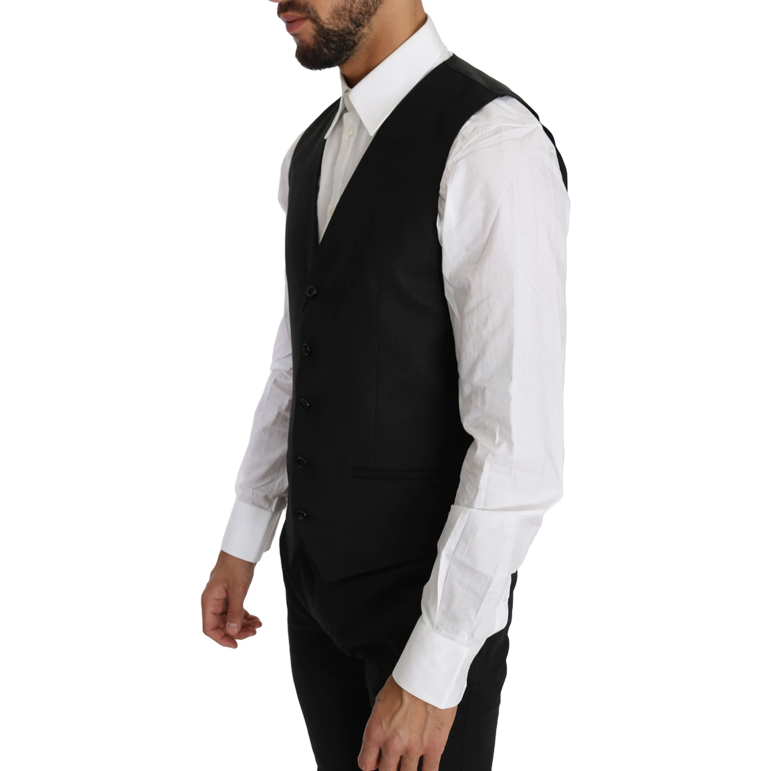 Black Solid Wool Silk Waistcoat Vest