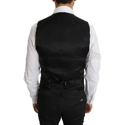 Black Solid Wool Silk Waistcoat Vest