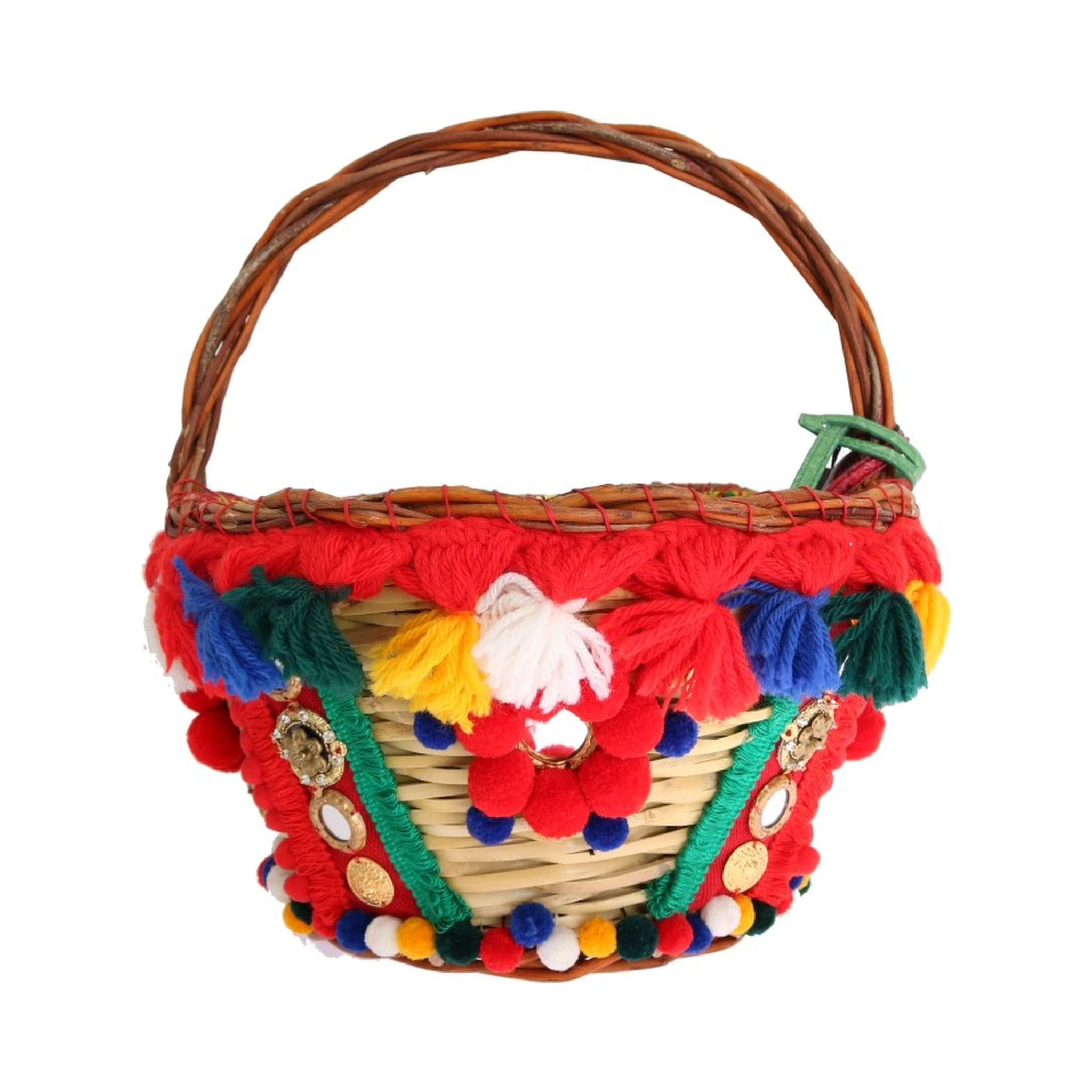 Multicolor AGNESE Straw Crystal Pom Pom Bag