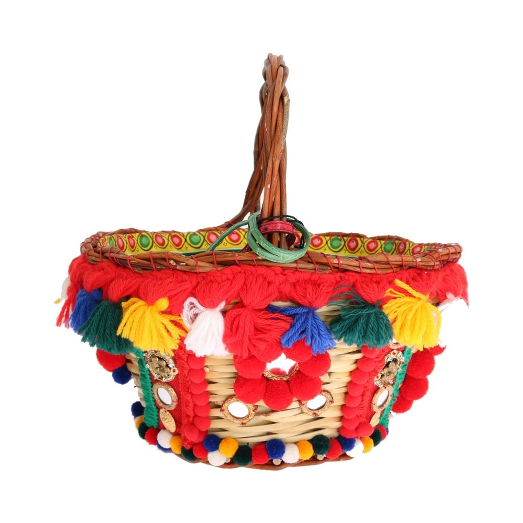 Multicolor AGNESE Straw Crystal Pom Pom Bag