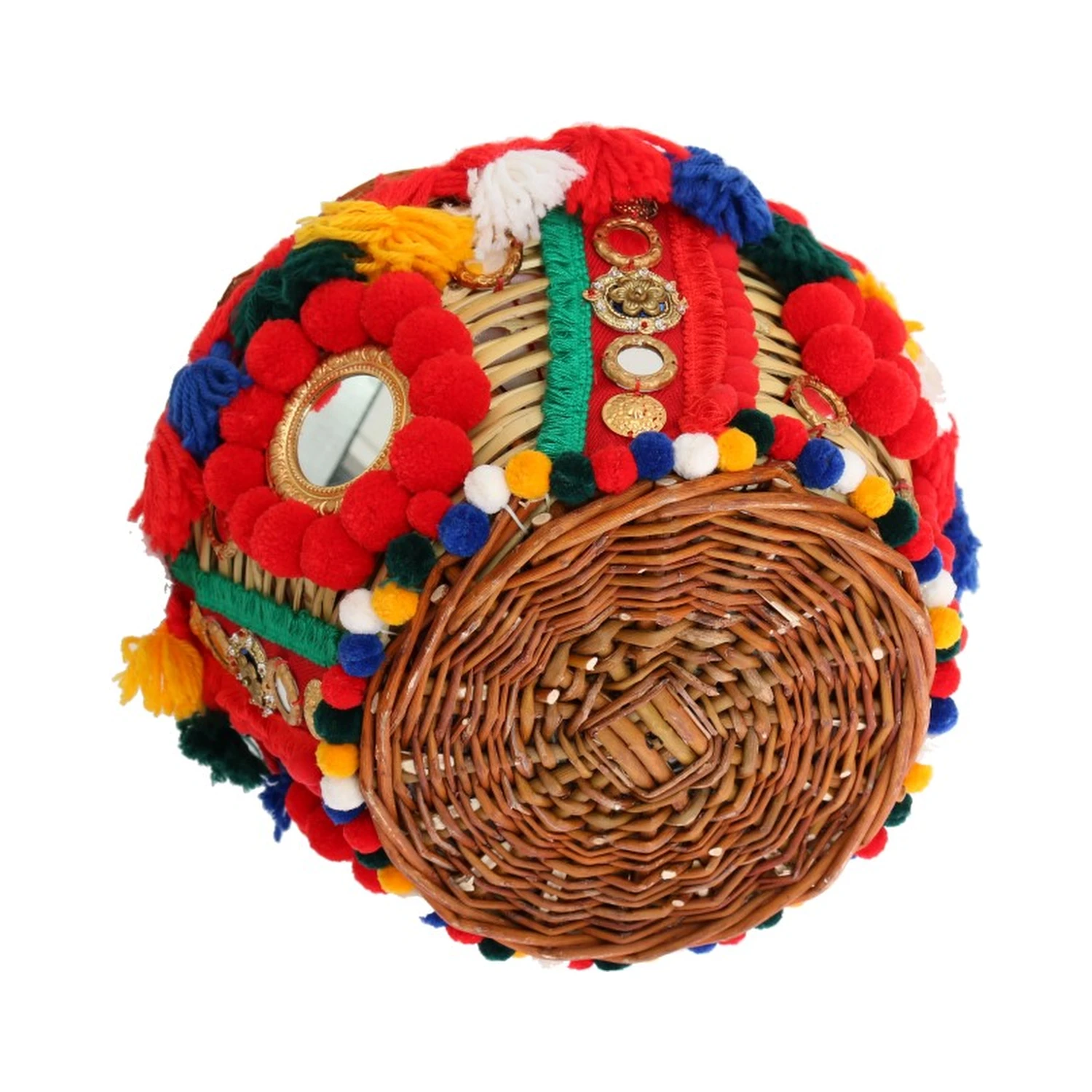 Multicolor AGNESE Straw Crystal  Pom Pom Bag