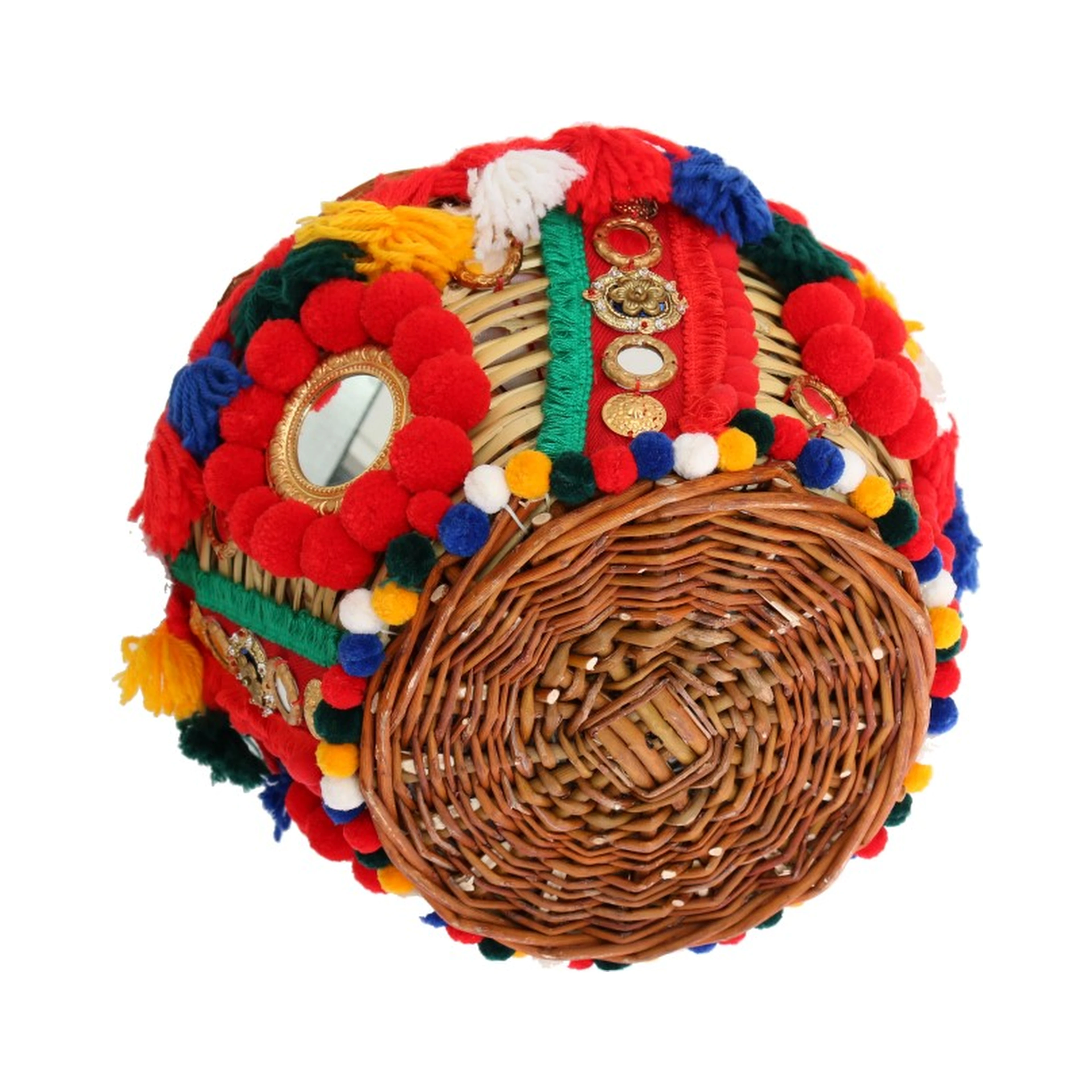 Multicolor AGNESE Straw Crystal  Pom Pom Bag