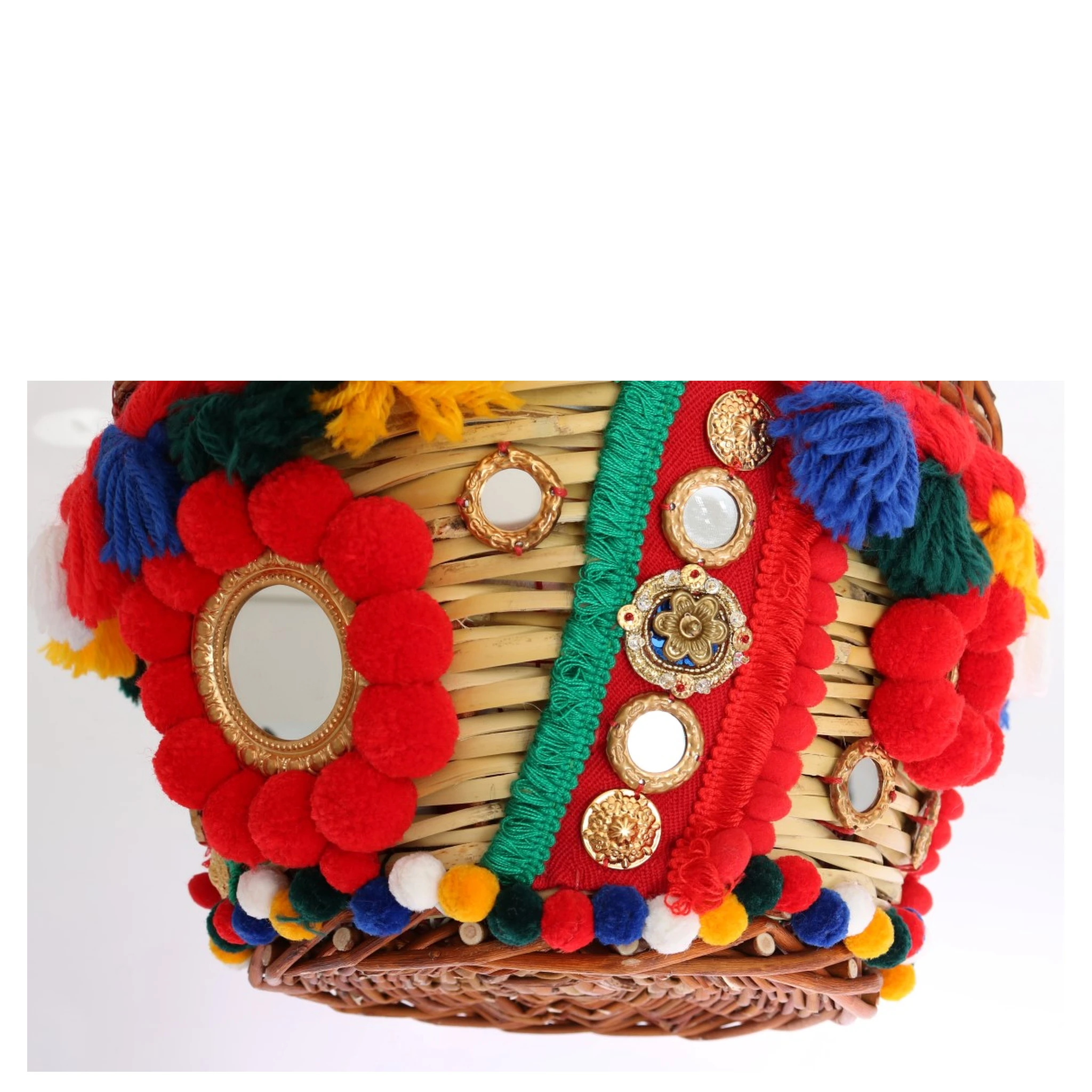 Multicolor AGNESE Straw Crystal Pom Pom Bag