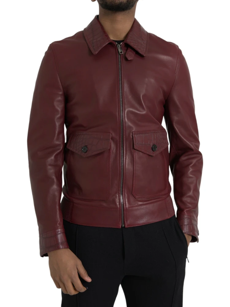 Maroon Exotic Leather Zip Biker Coat Jacket
