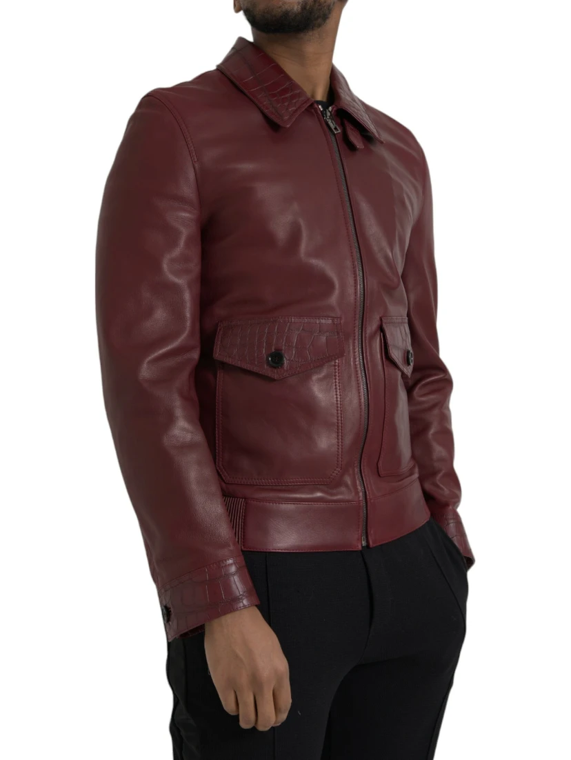 Maroon Exotic Leather Zip Biker Coat Jacket