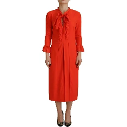 Red Polyester Long Sleeves Pleated Midi Dress