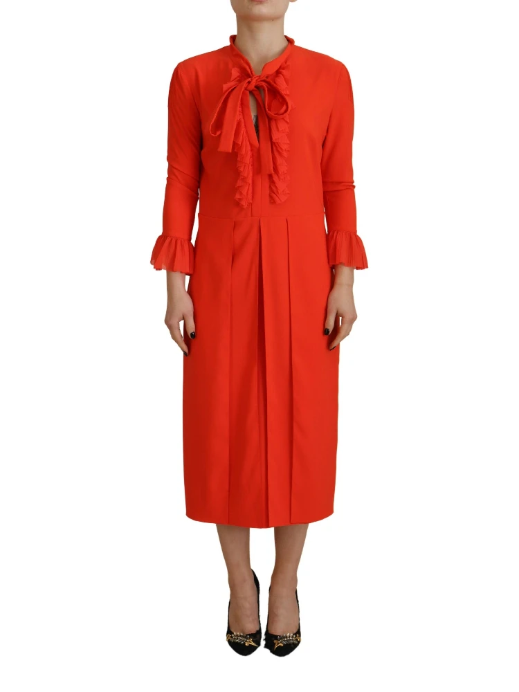 Red Polyester Long Sleeves Pleated Midi Dress