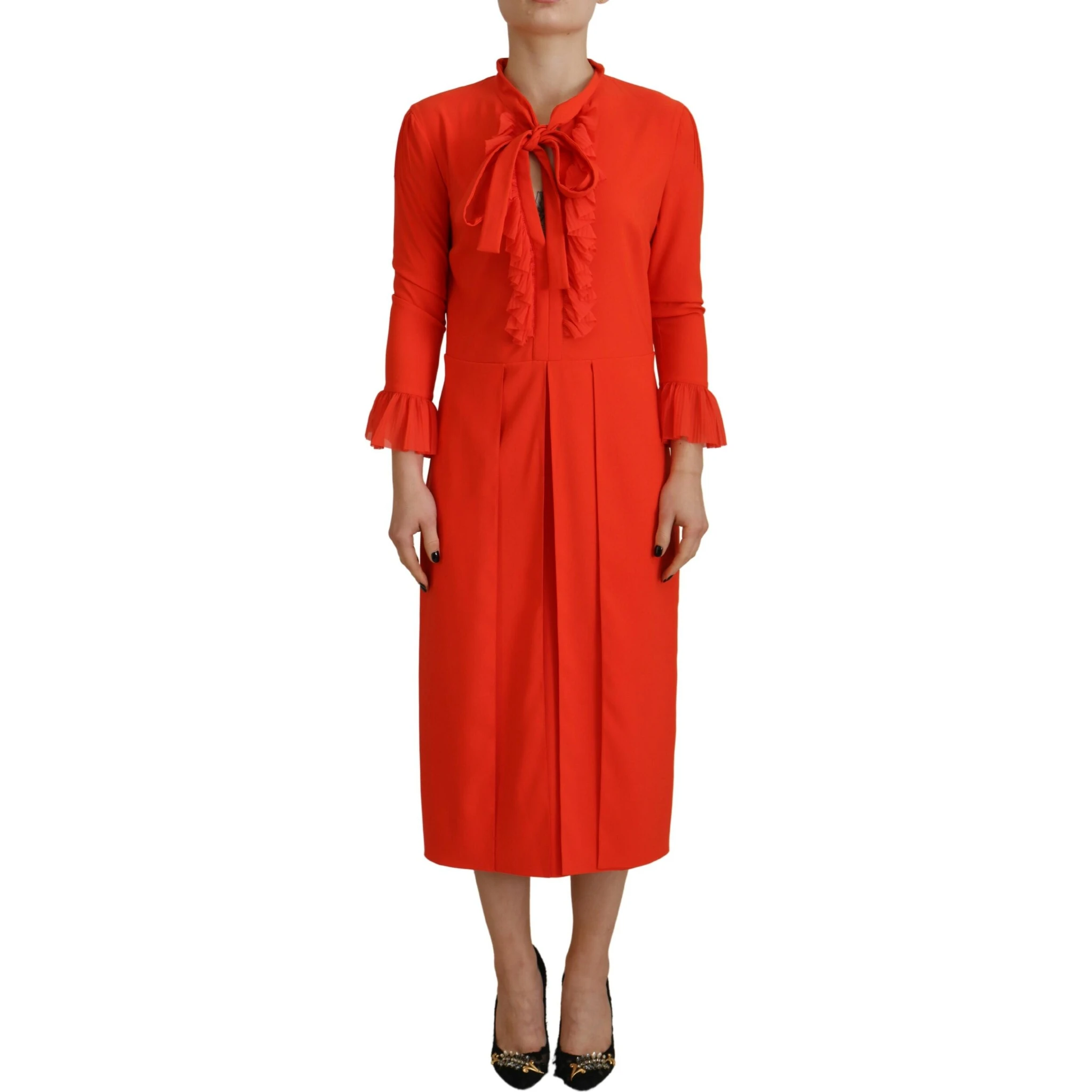 Red Polyester Long Sleeves Pleated Midi Dress