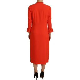 Red Polyester Long Sleeves Pleated Midi Dress