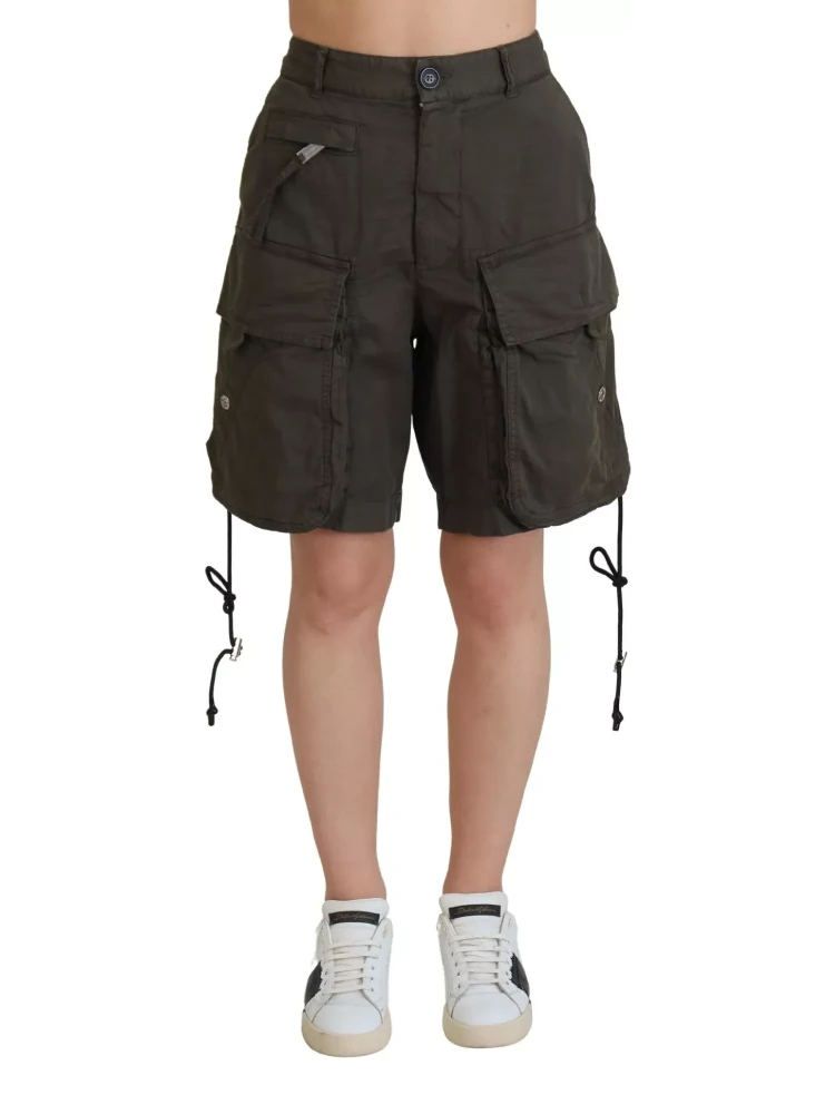 Green High Waist Cargo Bermuda Women Shorts