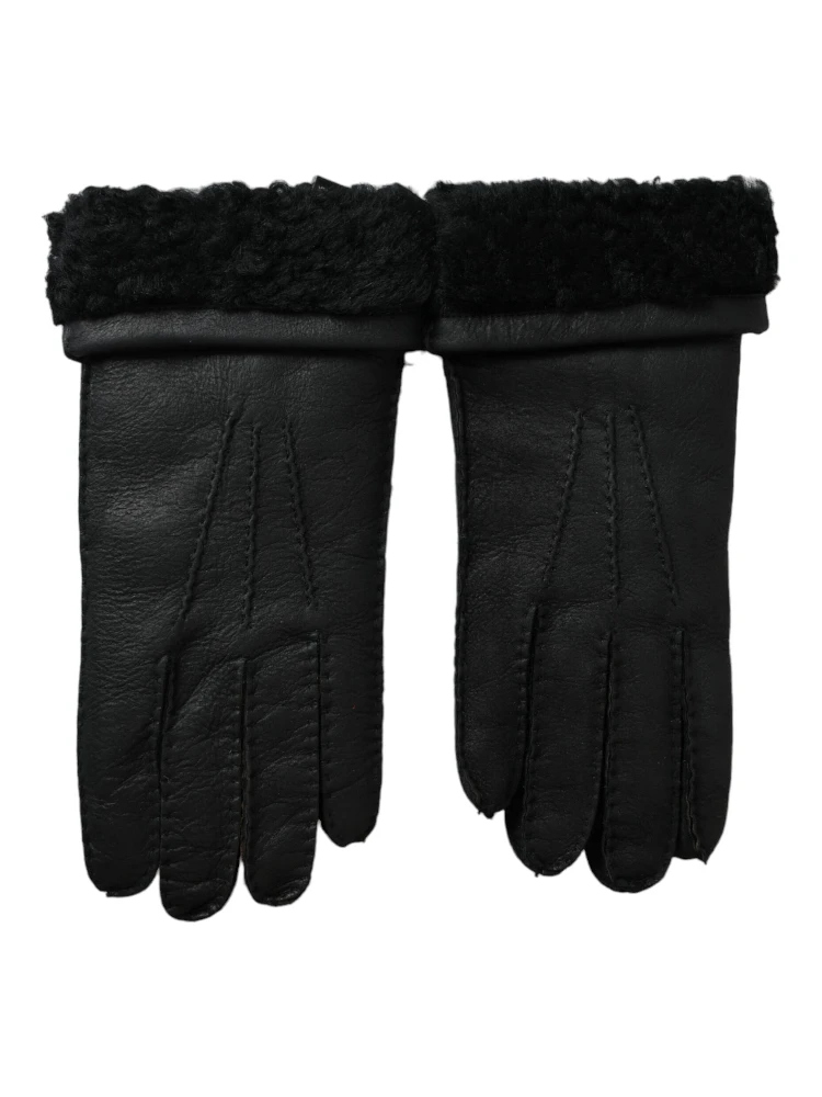 Black Leather Fur Short Hands Gloves