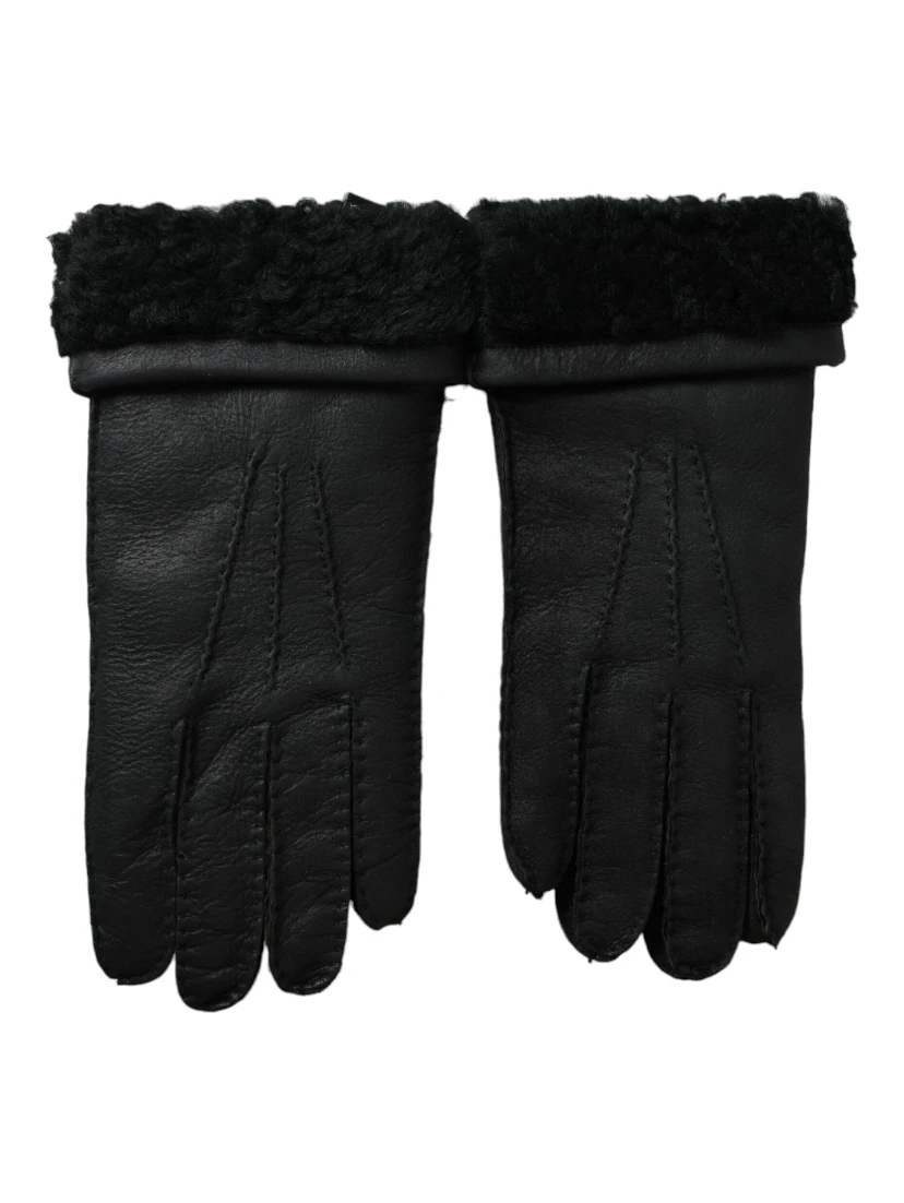 Black Leather Fur Short Hands Gloves