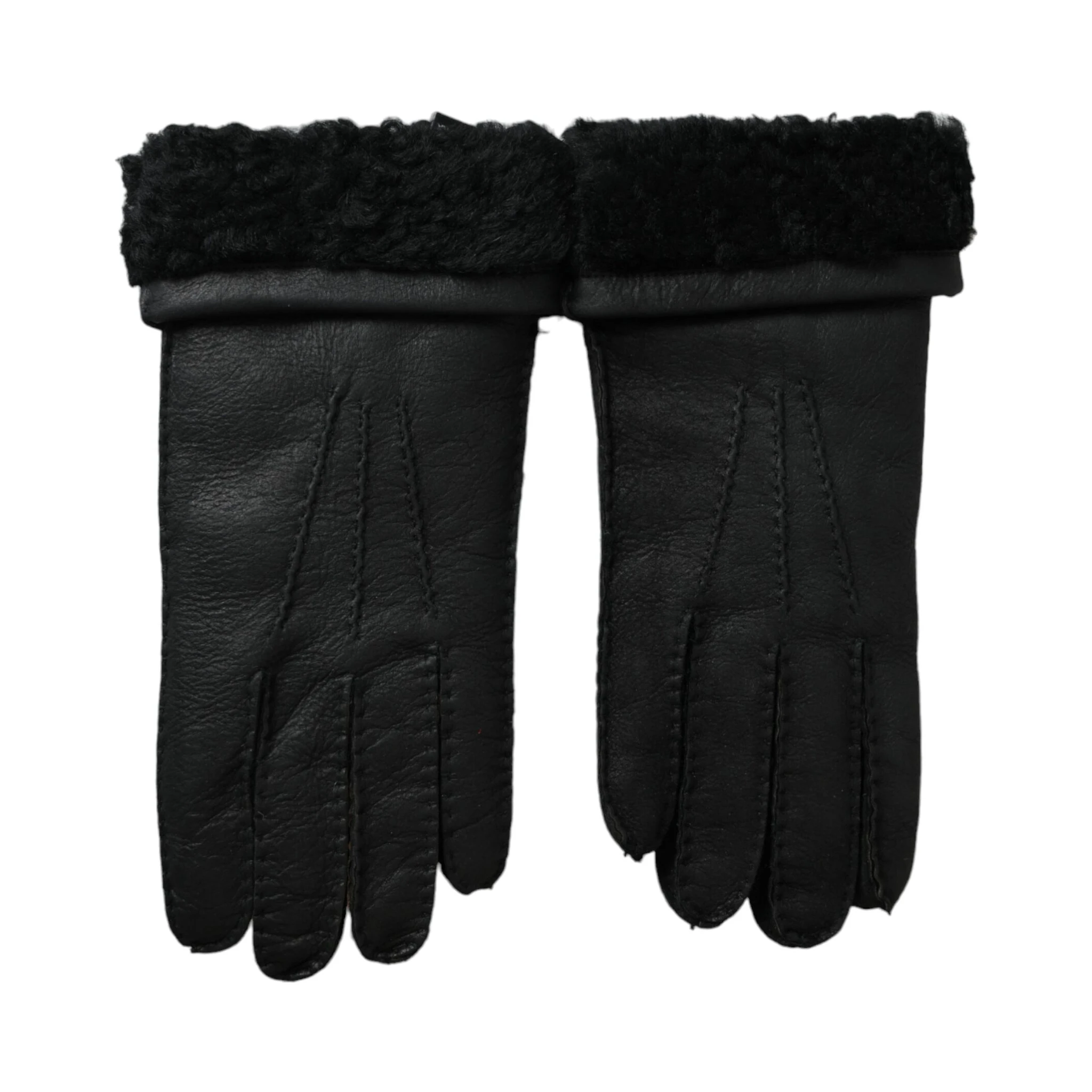 Black Leather Fur Short Hands Gloves