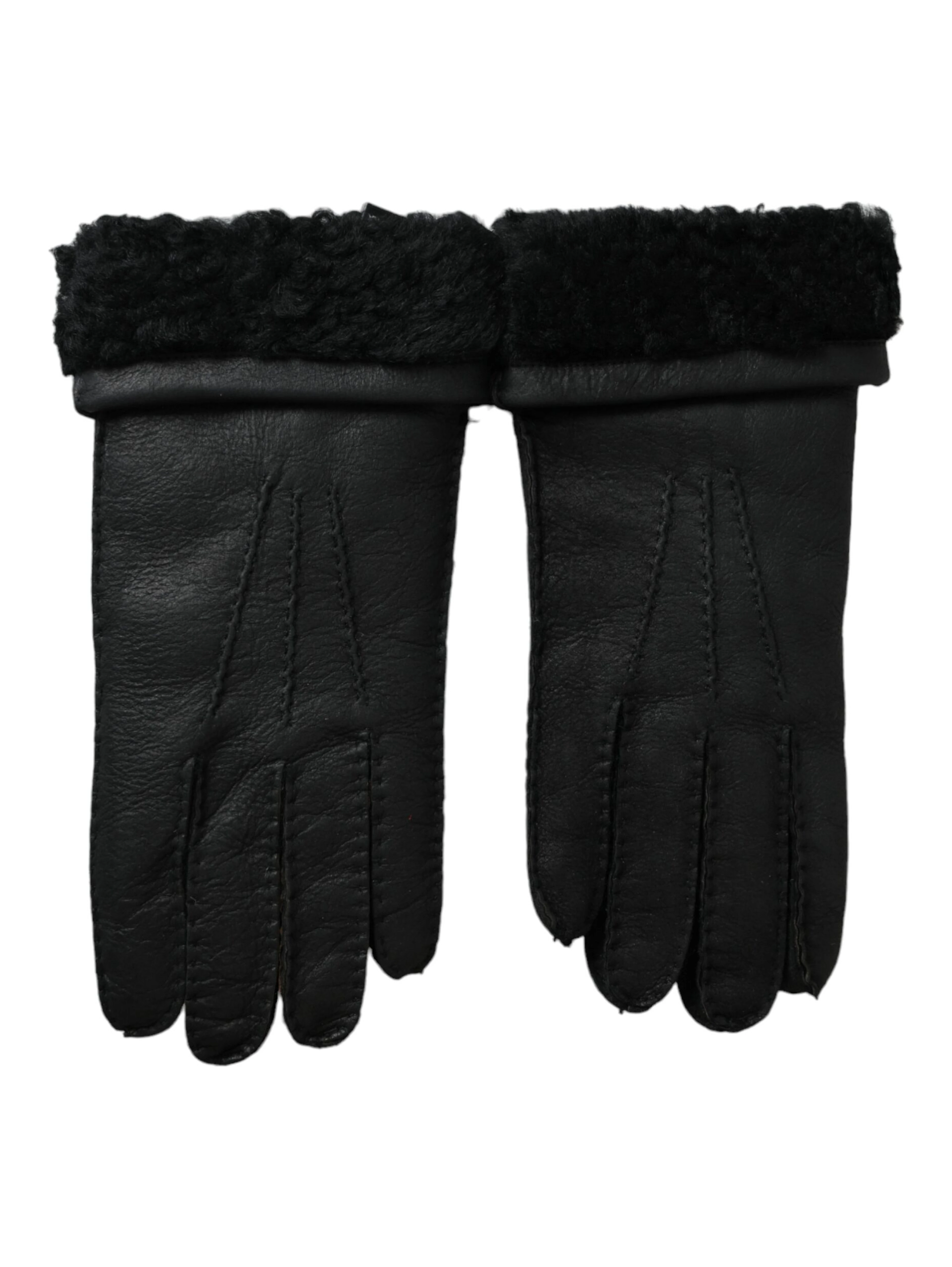 Black Leather Fur Short Hands Gloves