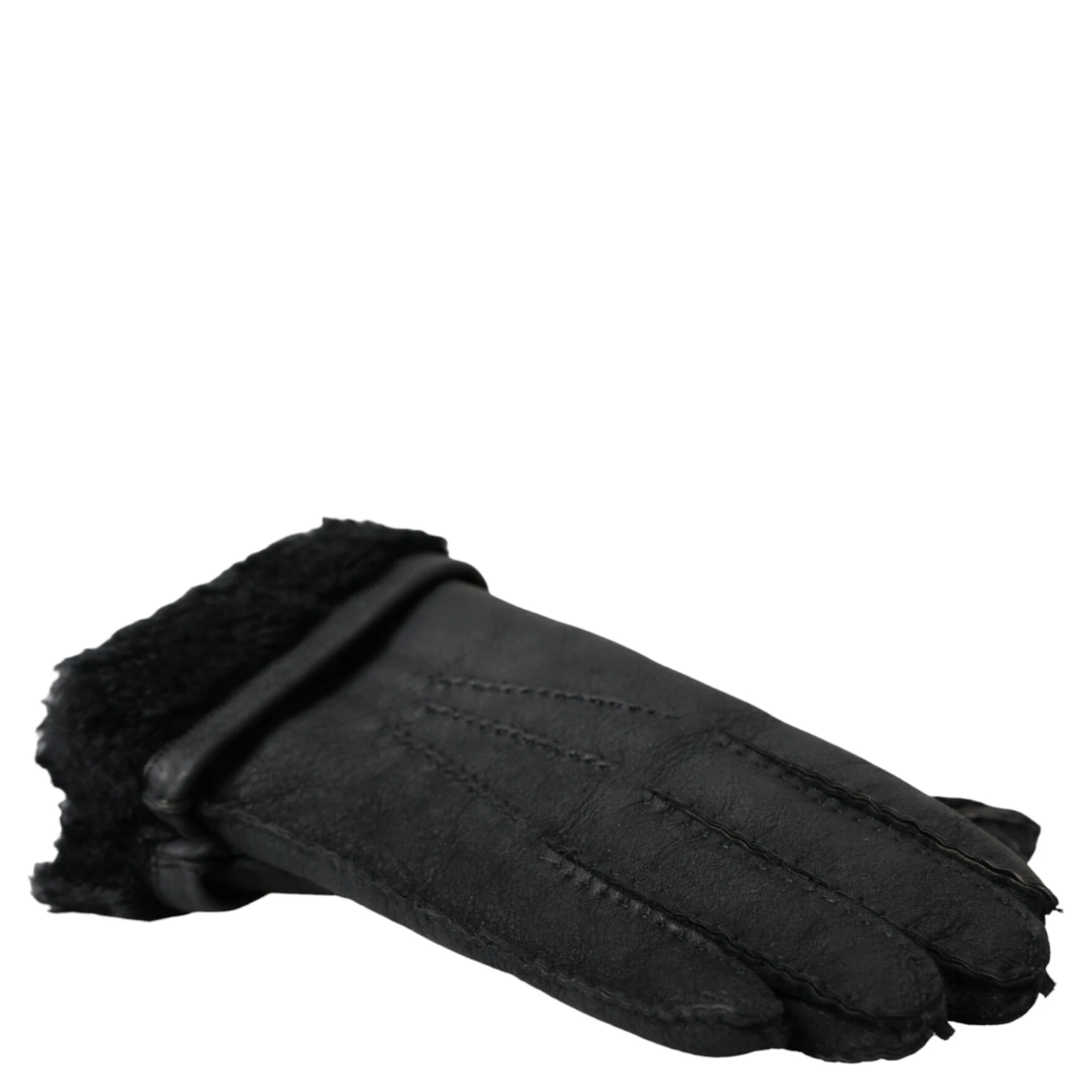 Black Leather Fur Short Hands Gloves