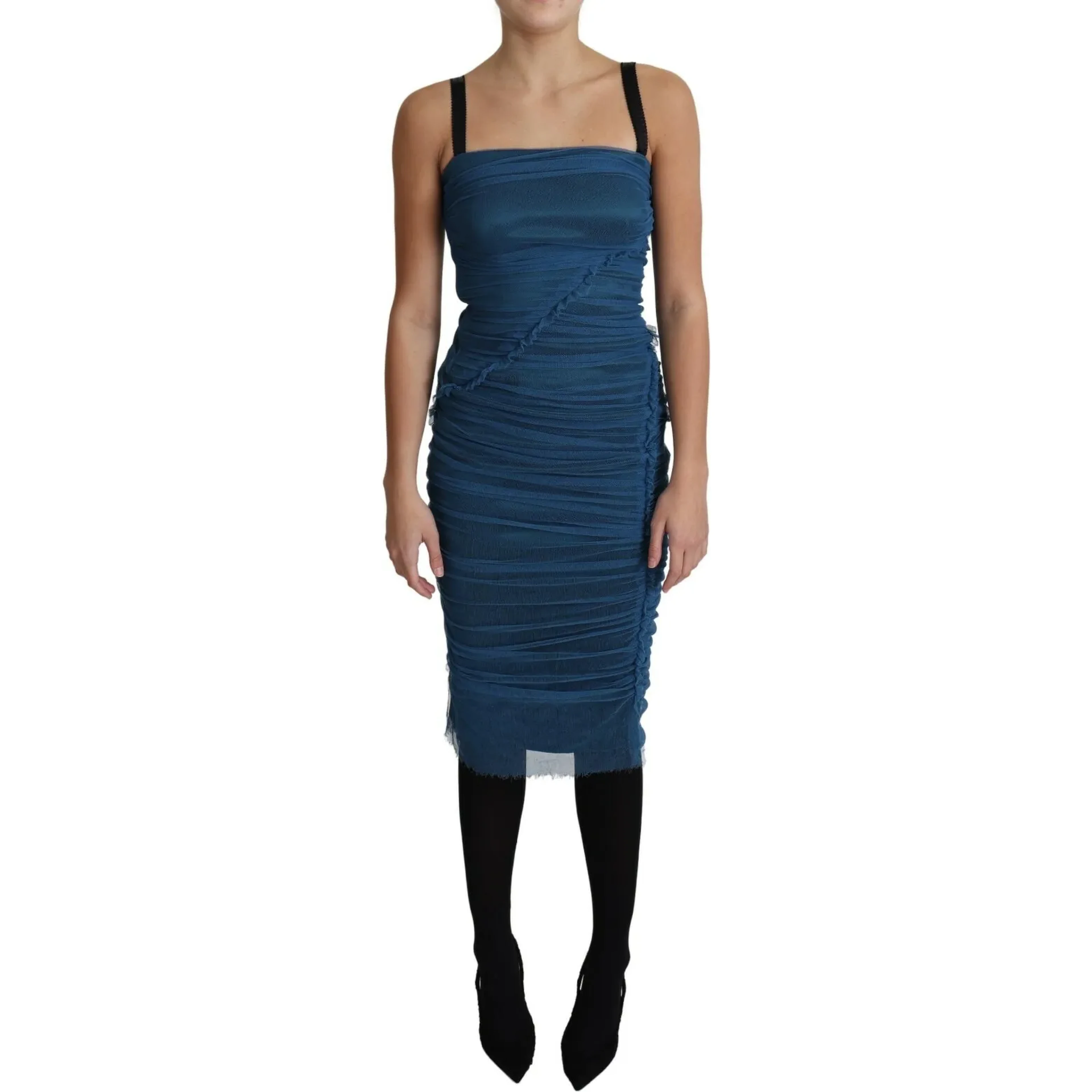 Blue Draped Tulle Midi Sheath Cotton Dress