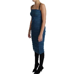 Blue Draped Tulle Midi Sheath Cotton Dress