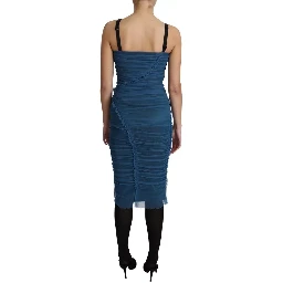 Blue Draped Tulle Midi Sheath Cotton Dress