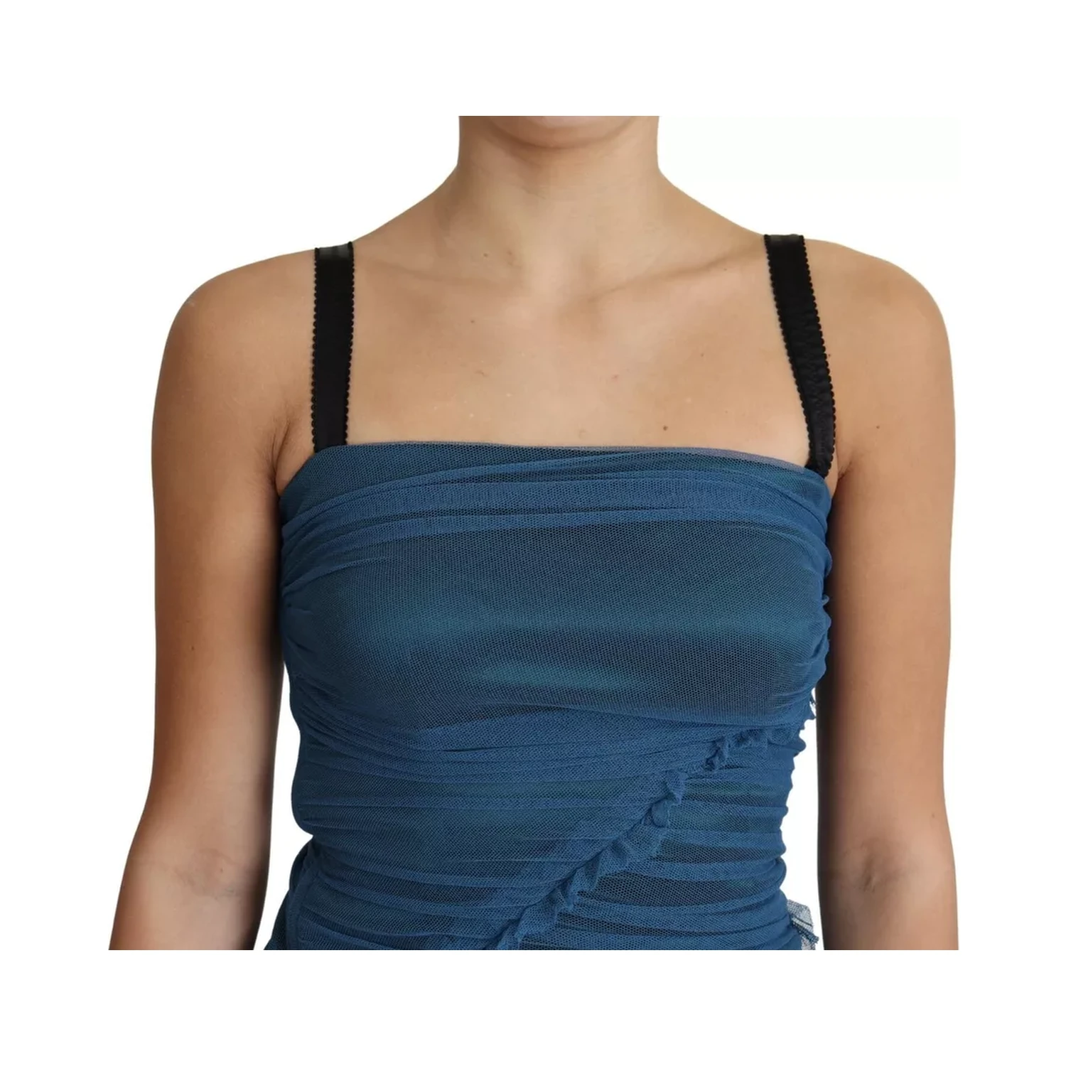 Blue Draped Tulle Midi Sheath Cotton Dress