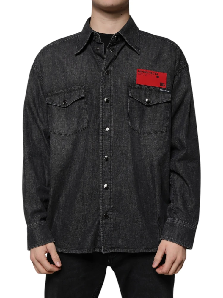 Black Logo Cotton Button Down Denim Shirt