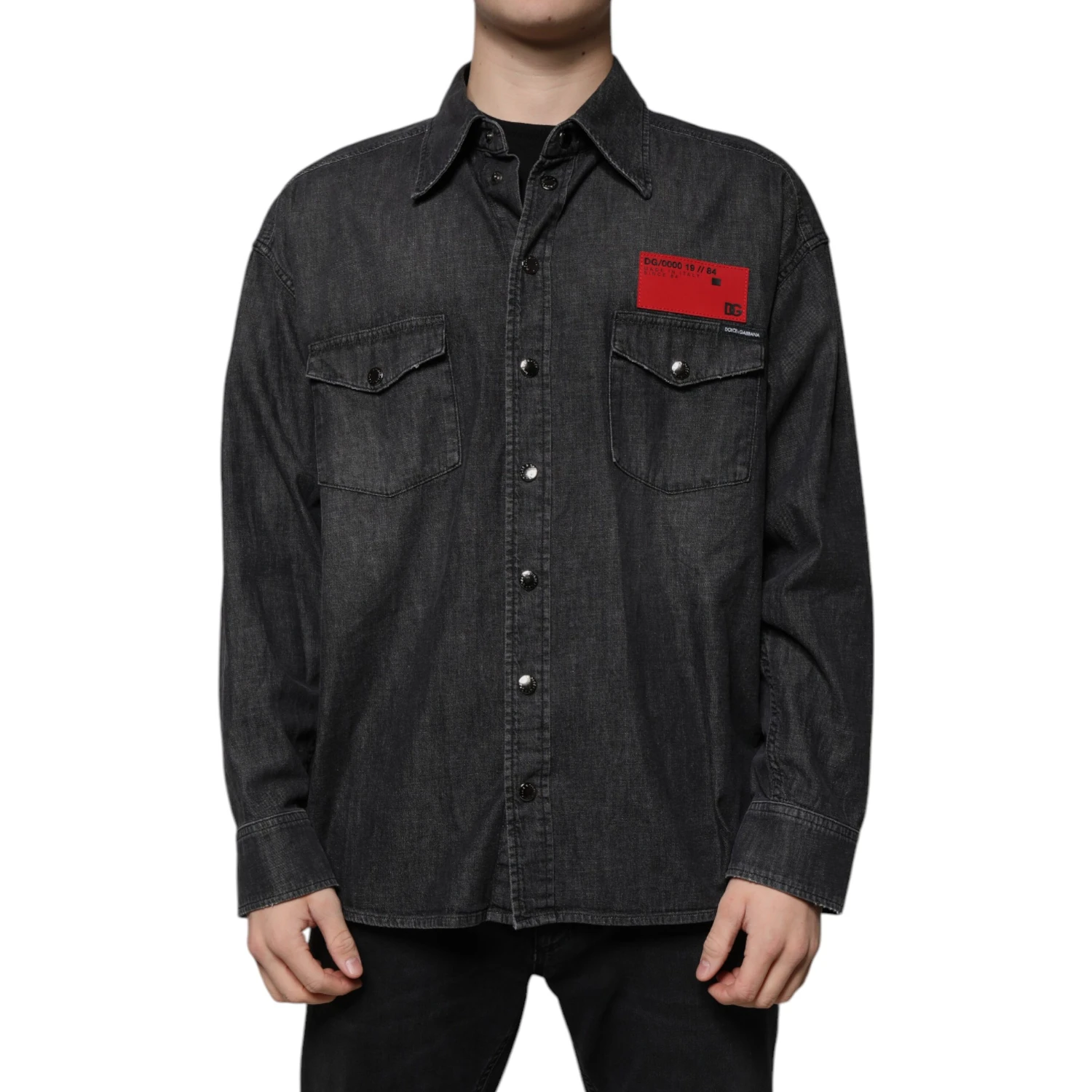 Black Logo Cotton Button Down Denim Shirt