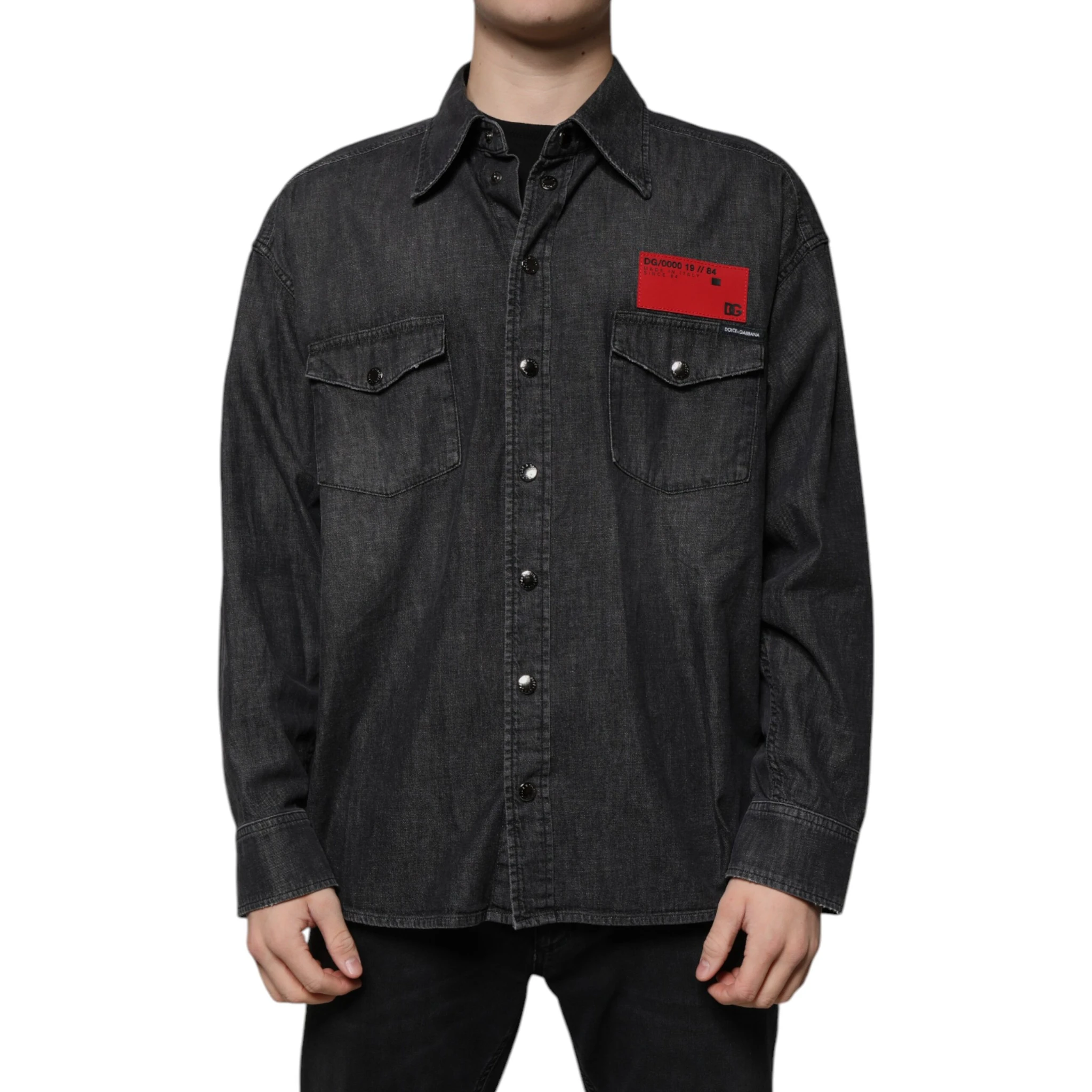 Black Logo Cotton Button Down Denim Shirt