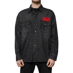 Black Logo Cotton Button Down Denim Shirt