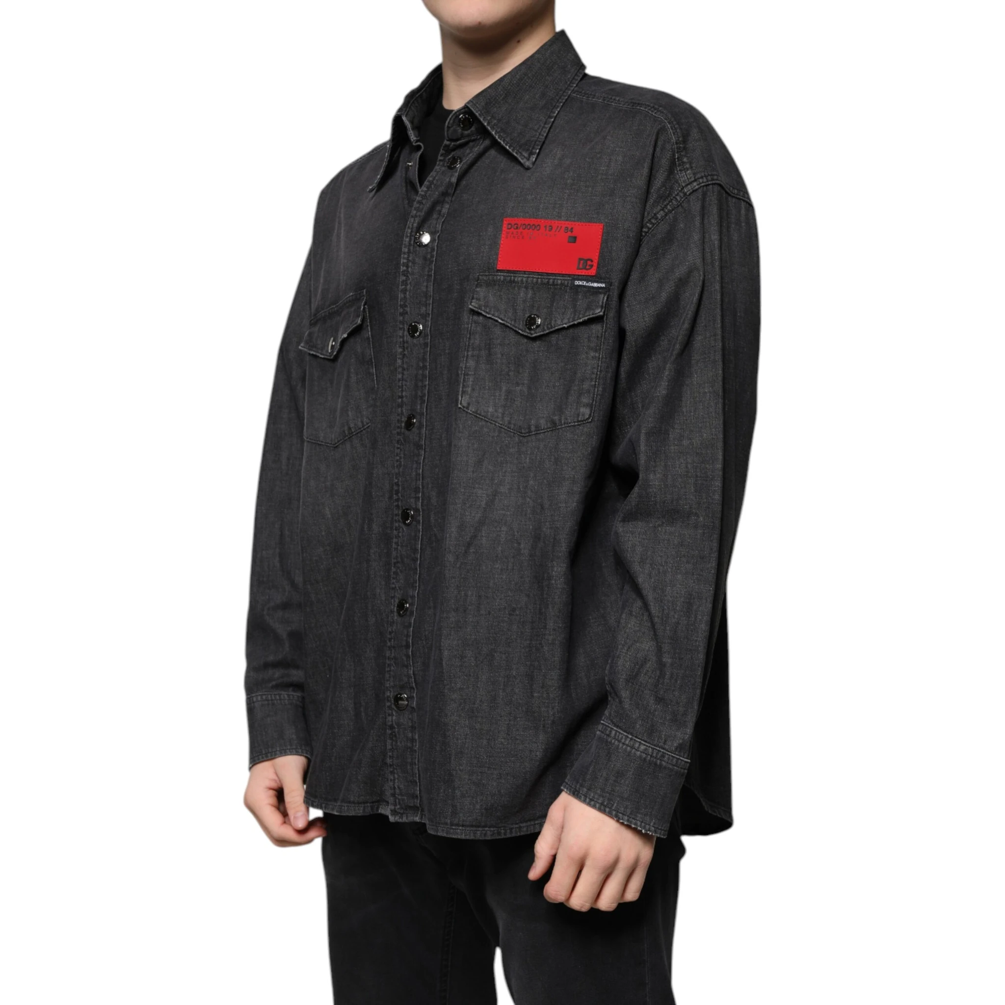 Black Logo Cotton Button Down Denim Shirt