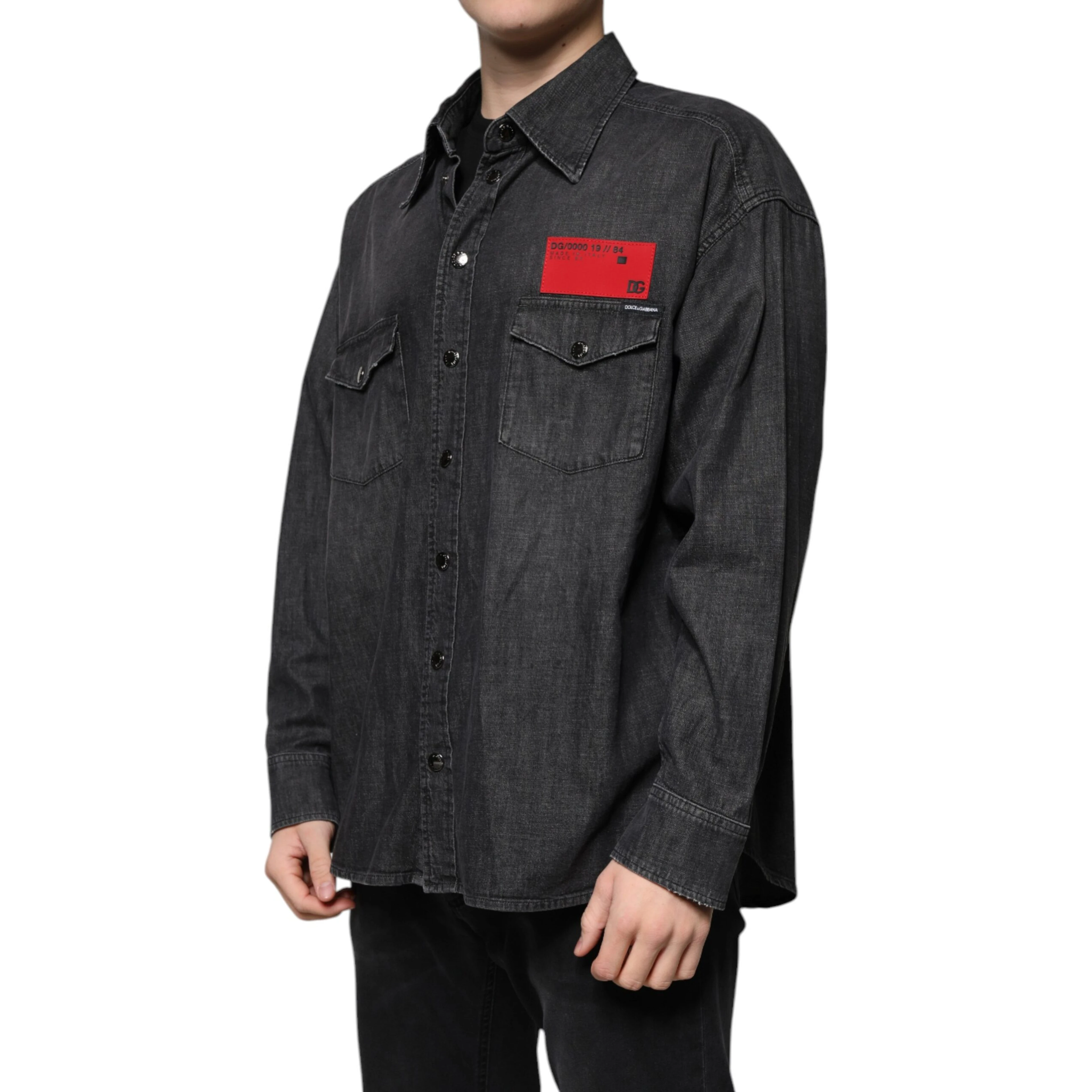 Black Logo Cotton Button Down Denim Shirt