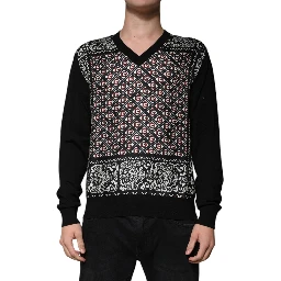Black Logo Wool V-neck Pullover Sweater