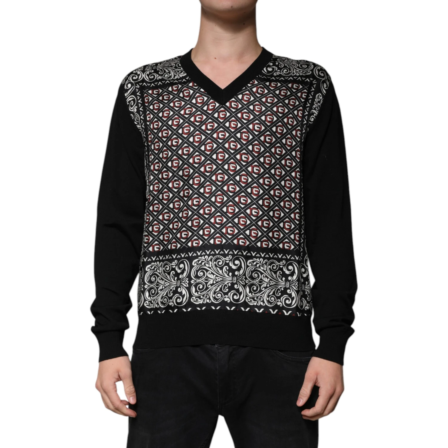 Black Logo Wool V-neck Pullover Sweater
