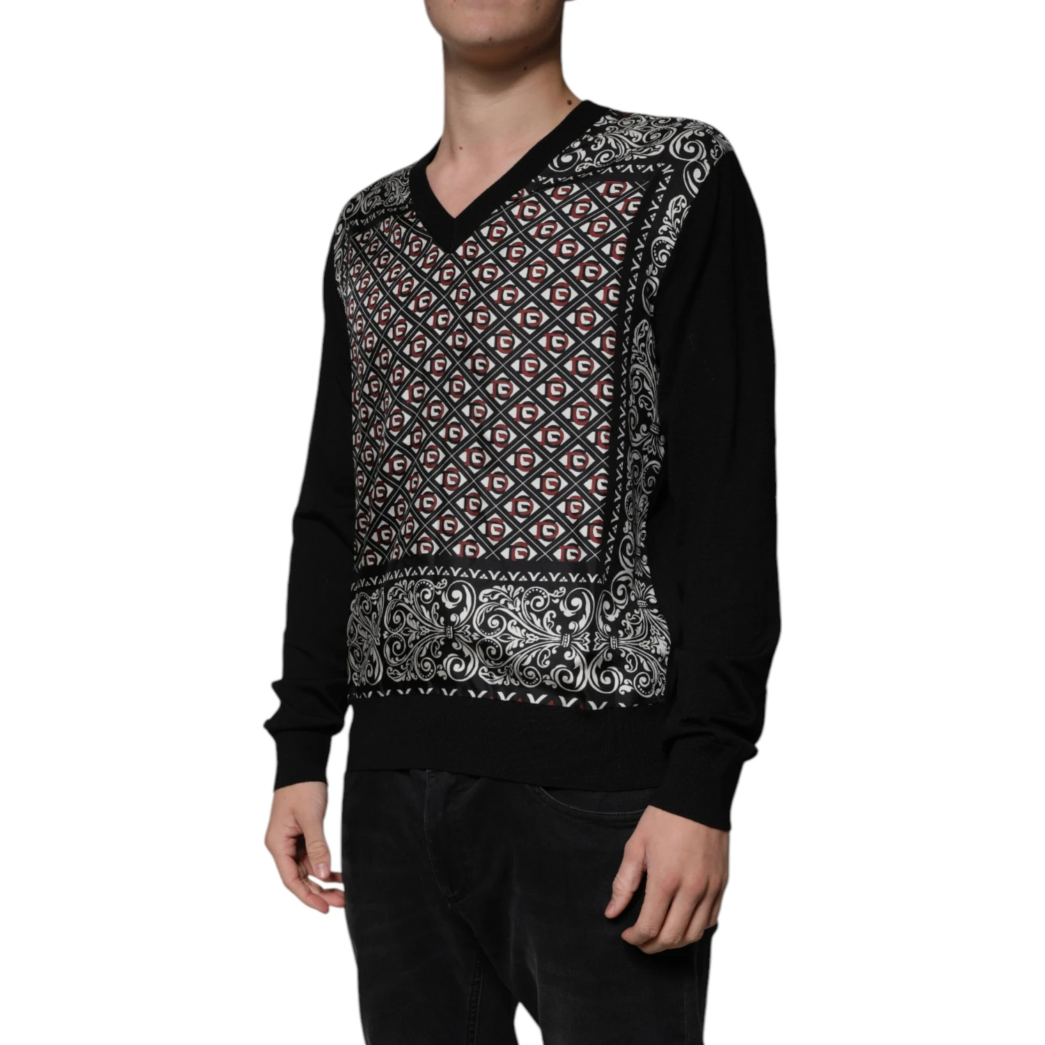Black Logo Wool V-neck Pullover Sweater
