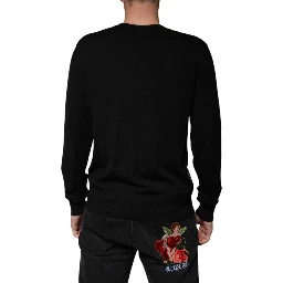 Black Logo Wool V-neck Pullover Sweater