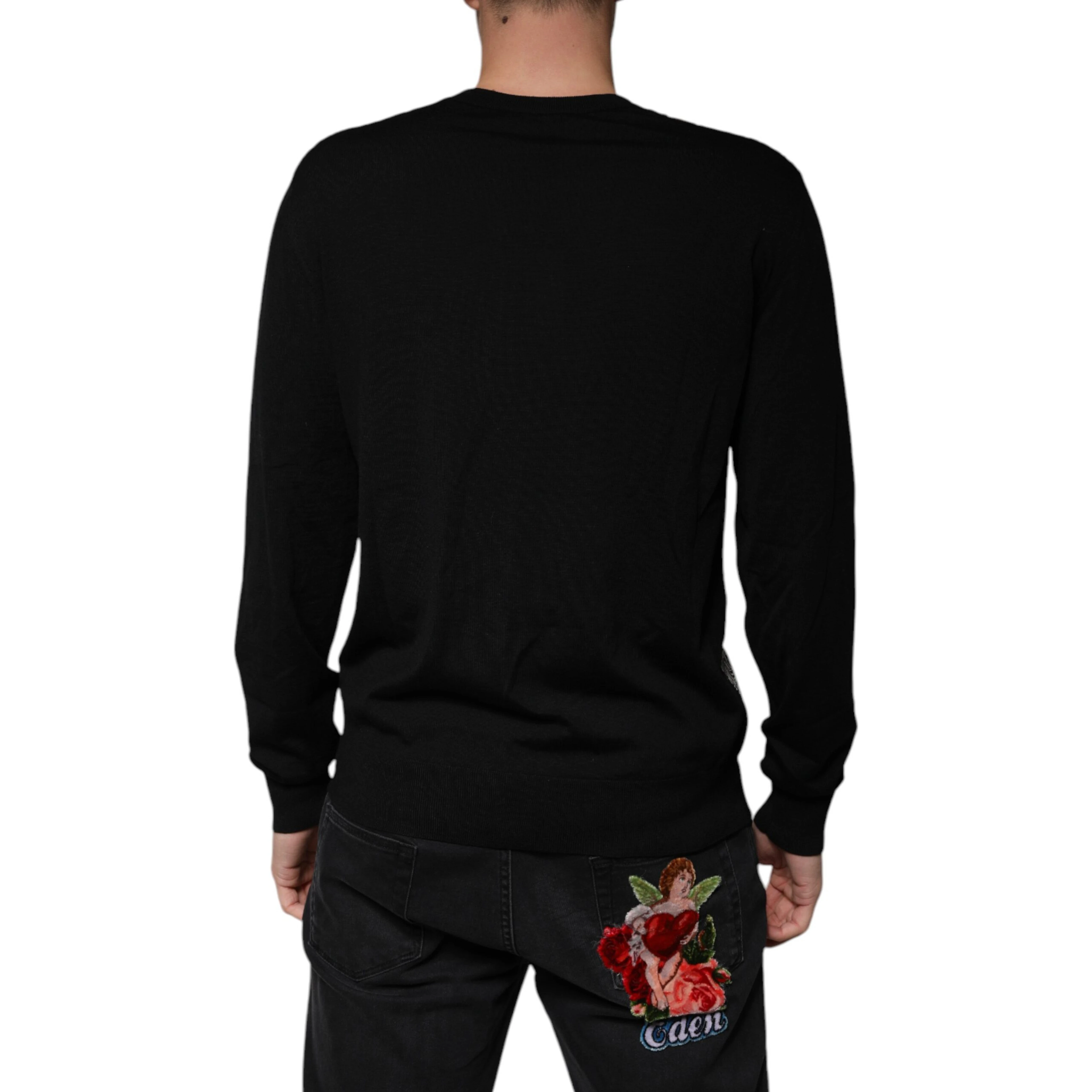Black Logo Wool V-neck Pullover Sweater