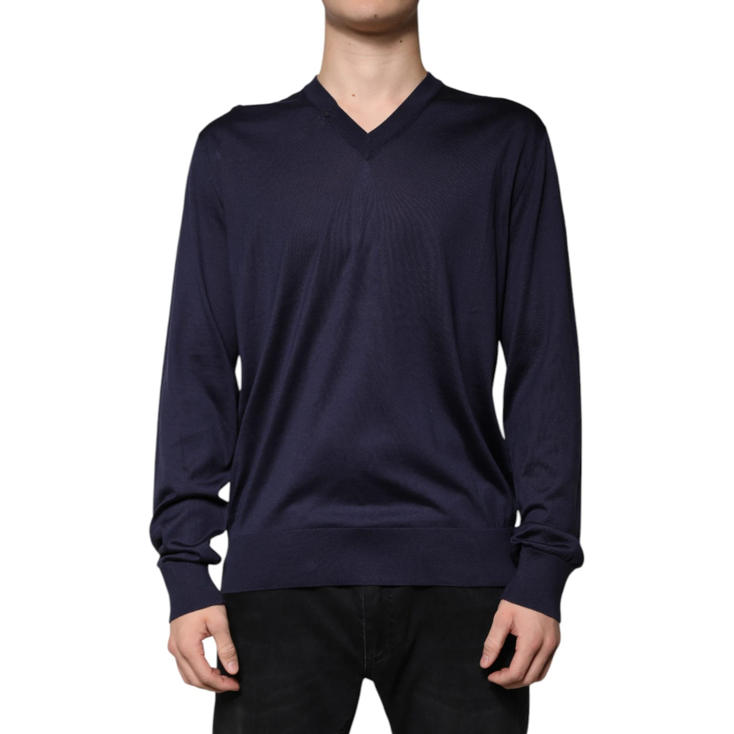 Navy Blue Silk V-neck Pullover Sweater