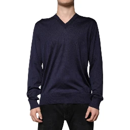Navy Blue Silk V-neck Pullover Sweater