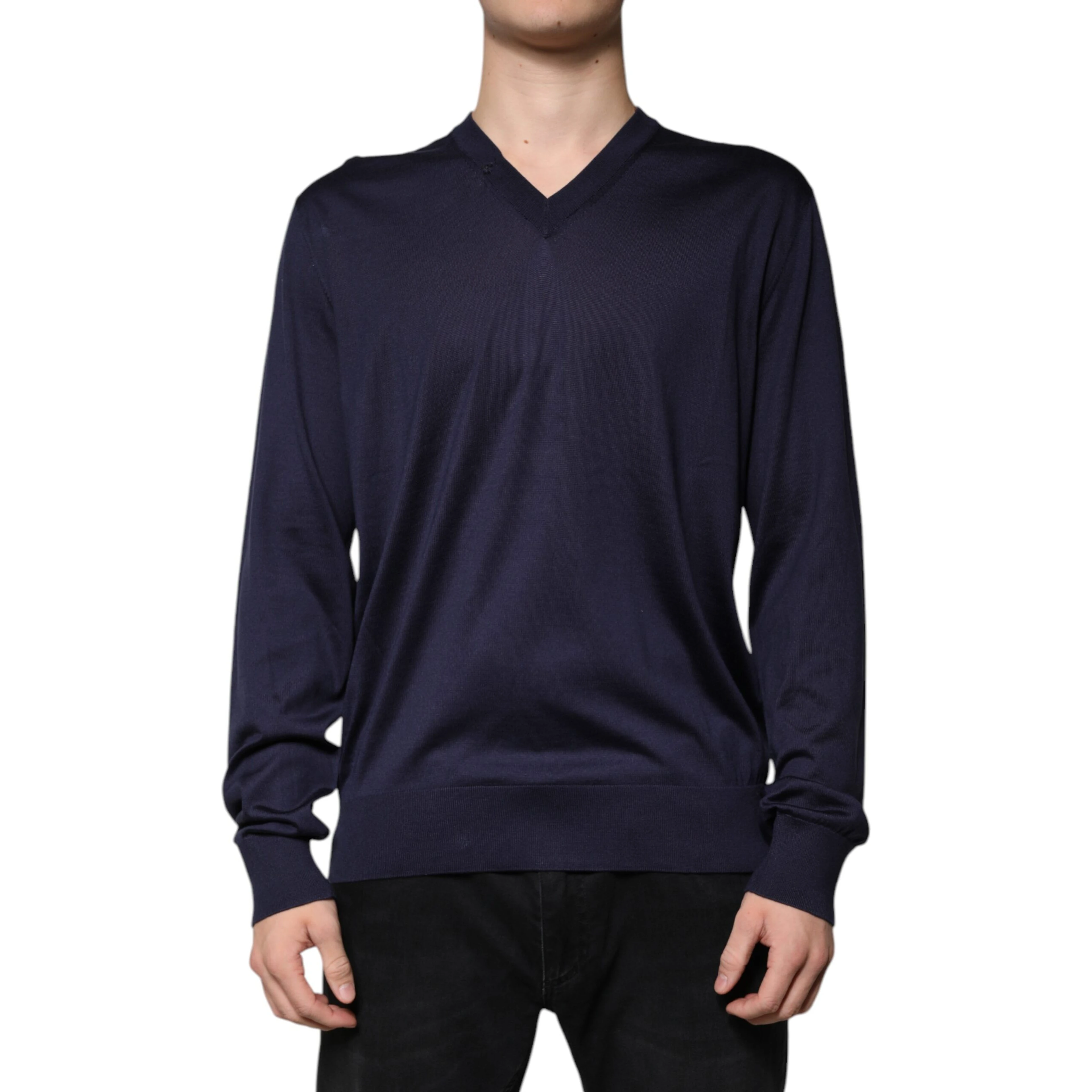 Navy Blue Silk V-neck Pullover Sweater