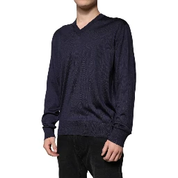 Navy Blue Silk V-neck Pullover Sweater